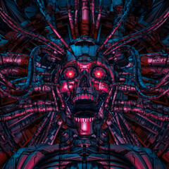 Guardian of the digital underworld - 3D illustration of science fiction cyberpunk screaming robot skull connected to computer core