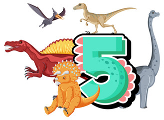 Five dinosaurs attached to number five