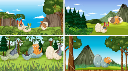 Different prehistoric forest scenes with dinosaur cartoon © blueringmedia