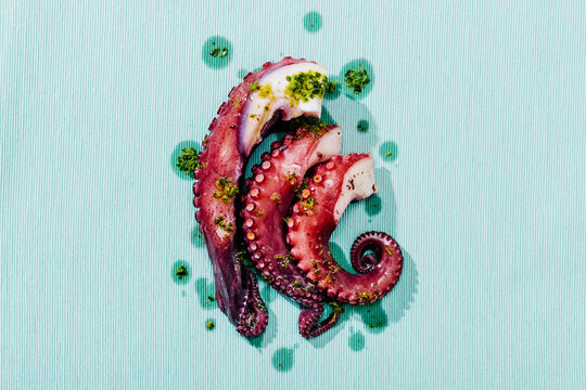 cuts of cooked octopus with garlic and parsley