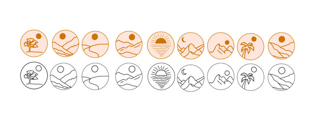 Set of modern minimalistic landscapes in boho style: mountains, hills, tree, palm tree and sun, sunset or sunrise over the sea on a colored background © Soap Dish