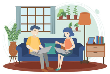 People working using laptop flat design