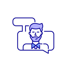 Young man in a shirt and tie having a conversation. Pixel perfect, editable stroke blue and purple icon