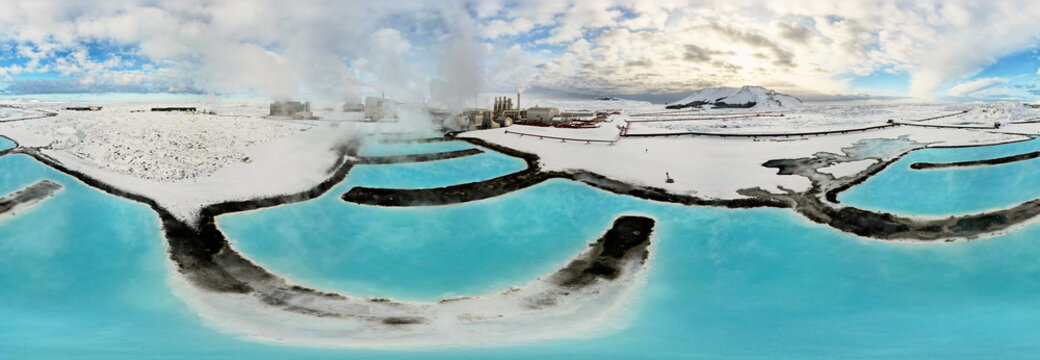 Blue waste water pools at Svartsengi Geothermal Power Plant, wideshot