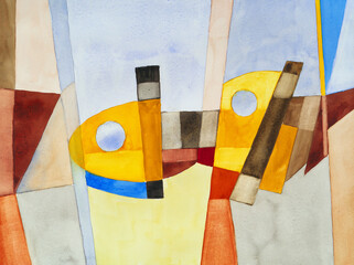 An abstract watercolor painting with irregular blocks of color.