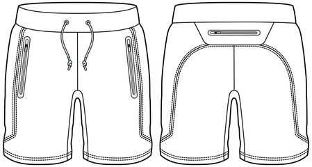 Sports shorts technical fashion illustration. flat apparel mens active wear running shorts. CAD mockup.