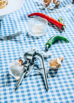 Still life of Italian pasta and ingredients .