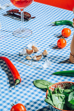 Still life of Italian pasta and ingredients .