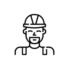 Smiling bearded construction worker in a hard hat. Pixel perfect, editable stroke color icon