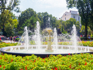 Beautiful fountain in public park in sunny summer day. City Garden is a square located in the center of Odessa, on Deribasovskaya Street. The oldest park in the city, founded by Felix de Ribas in 1803