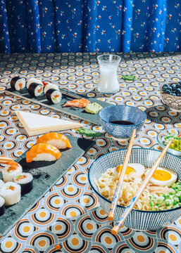 Still life of table full of traditional japanese cuisine.