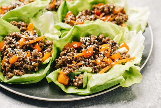Ground beef lettuce wraps close-up