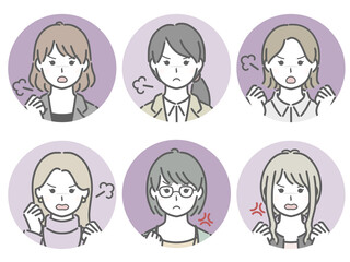 怒る女性の丸アイコンセット（仕事向きの服装）