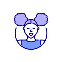Cute girl with curly buns. Young woman avatar profile picture icon in blue and purple