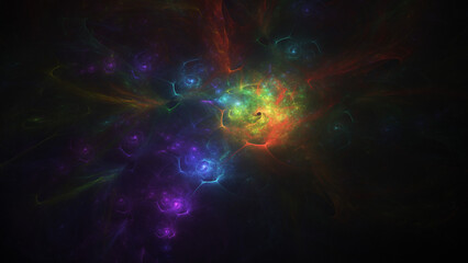 Abstract orange and violet swirly shapes. Fantastic space background. Digital fractal art. 3d rendering.