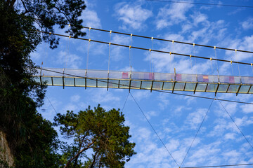 High-altitude pedestrian glass suspension bridge in the park
