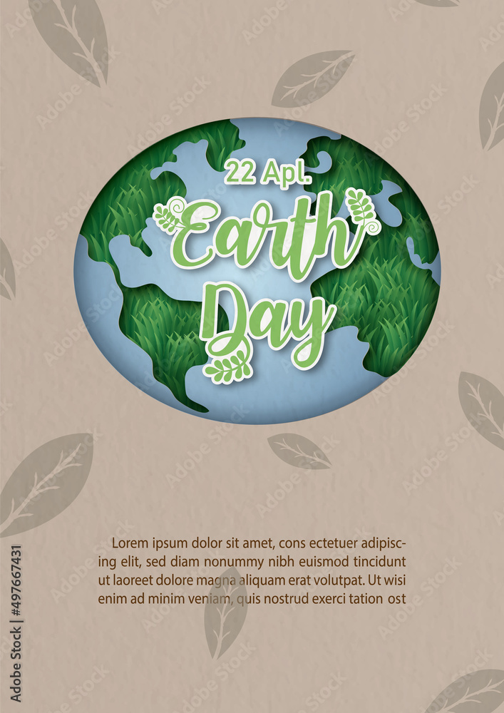 Poster wording of earth day and 3d grass shape with example texts on globe and brown paper pattern backgrou
