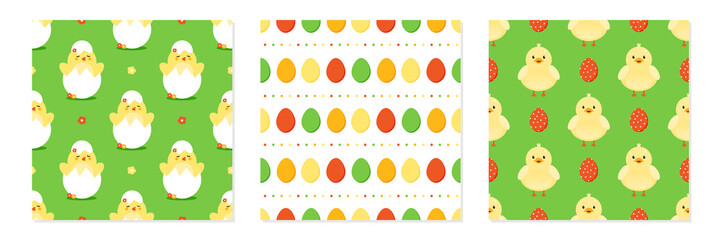 Set, collection of three vector seamless pattern backgrounds with cute baby chickens and decorated eggs for Easter design.
