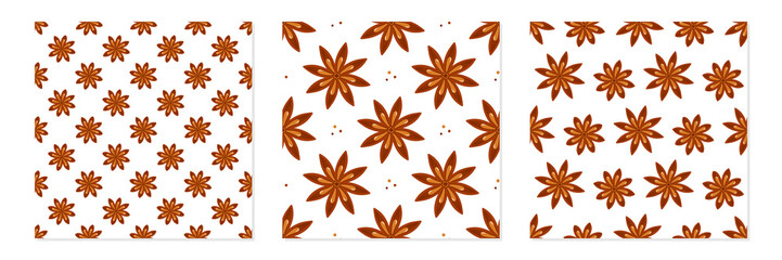 Set, collection of three vector seamless pattern backgrounds with star anise for spice and condiments design.
