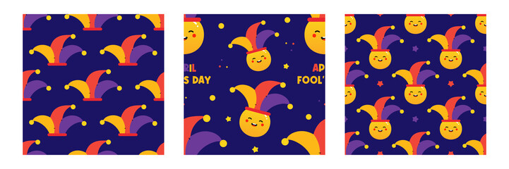 Set, collection of three vector seamless pattern background with cute smiling characters in jester hats for April Fools Day design.