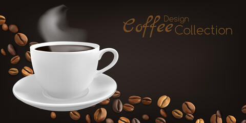 Coffee cup with flying coffee beans on the dark background.
