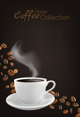 Coffee cup with flying coffee beans on the dark background.