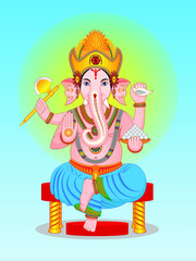 Ganesha or Lord Ganesh or Phra Ganesh – Famous Hindu god or angel with elephant headed dress with accessories and sit on red chair drawing in cartoon vector