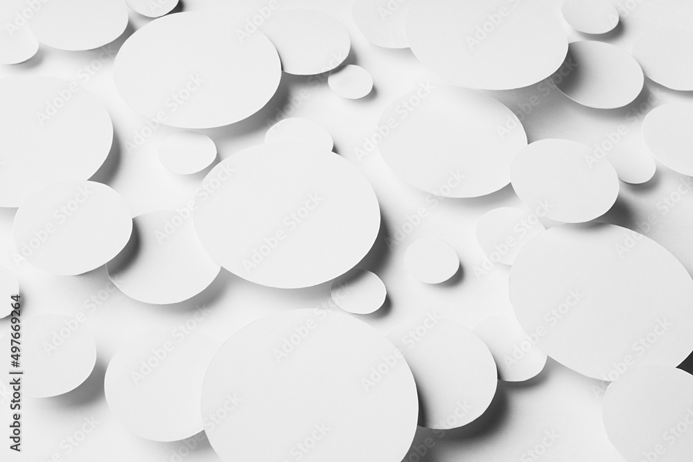 Poster energy mess abstract pattern of white paper ovals different size in soft light, top view. simple gen