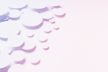 Active bright dynamic abstract pattern of paper ovals in shining light with sharp gradient shadows in saturated purple, pink color, border, copy space. Airy future background in minimal style.