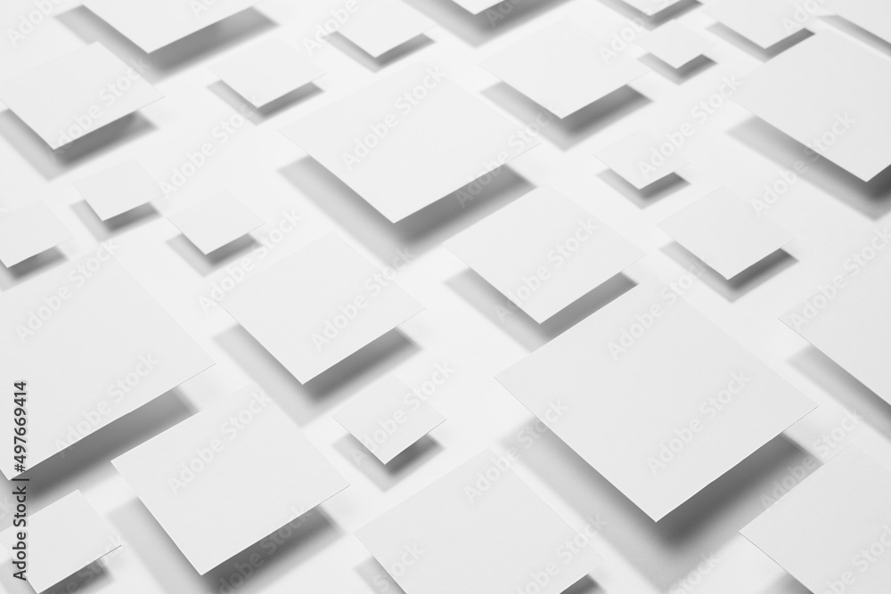 Poster white abstract geometric background with fly rhombuses in bright light with soft gradient grey shado