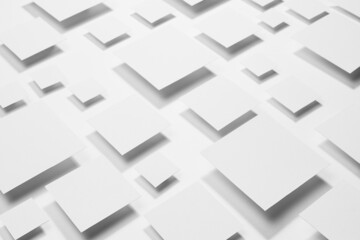 White abstract geometric background with fly rhombuses in bright light with soft gradient grey shadows, as pattern, top view. Simple mosaic backdrop in minimalist style.