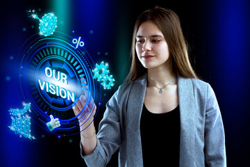 Business, Technology, Internet and network concept. Young businessman working on a virtual screen of the future and sees the inscription: Our vision
