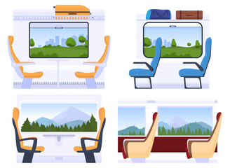 Different types of train car interiors. Travel by rail. Vector illustration on a white background