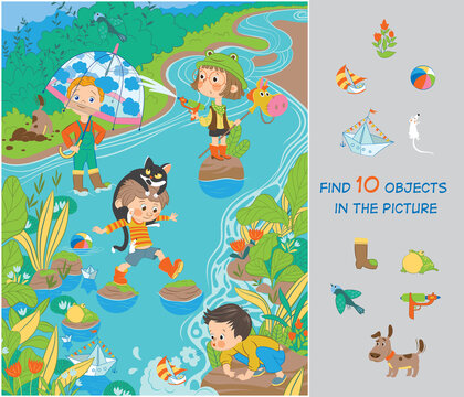 Spring, warm stream. Funny children's games with water. Vector illustration. Find 10 items in the picture.