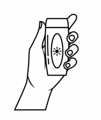 Skin care product. Hand holding a tube of cream. Organic cosmetics. Outline minimalistic style. Tube of UV cream. Vector illustration. Ideal for banner, poster, app, social media