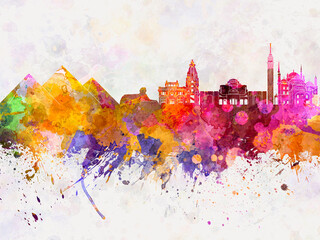 Cairo skyline in watercolor background - obrazy, fototapety, plakaty
