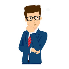 Businessman standing, thinking.  Elegant, handsome man in suit isolated on white background. Flat design. Vector cartoon illustration