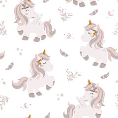 Cute unicorn, feather and moon in boho style seamless pattern. Design for scrapbooking, decoration, cards, paper goods, background, wallpaper, wrapping, fabric and all your creatives projects