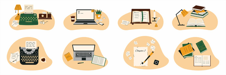 Set of writing concept. Concept of computer work, text typing, posting, writing books. Laptop and type writer flat illustration. - obrazy, fototapety, plakaty