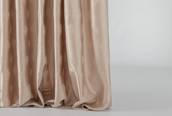 Fototapeta premium Golden Curtain. vertical lines. Abstract fabric texture background. Macro photography, close-up