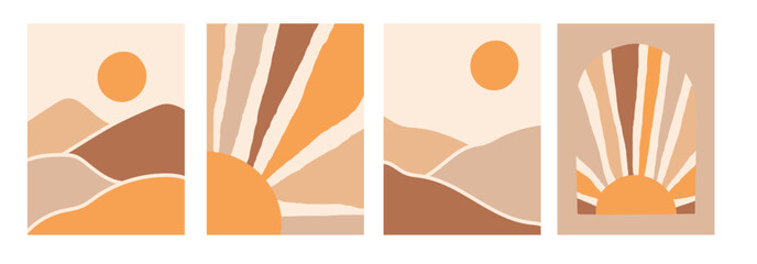 Collection of modern simple minimalist abstract landscapes in boho style: mountains and sun on a colored background © Soap Dish