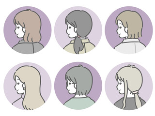 若い女性の斜め後ろ姿　丸アイコンセット（仕事向きの服装）