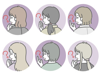 若い女性の疑問に思う斜め後ろ姿　丸アイコンセット（仕事向きの服装）