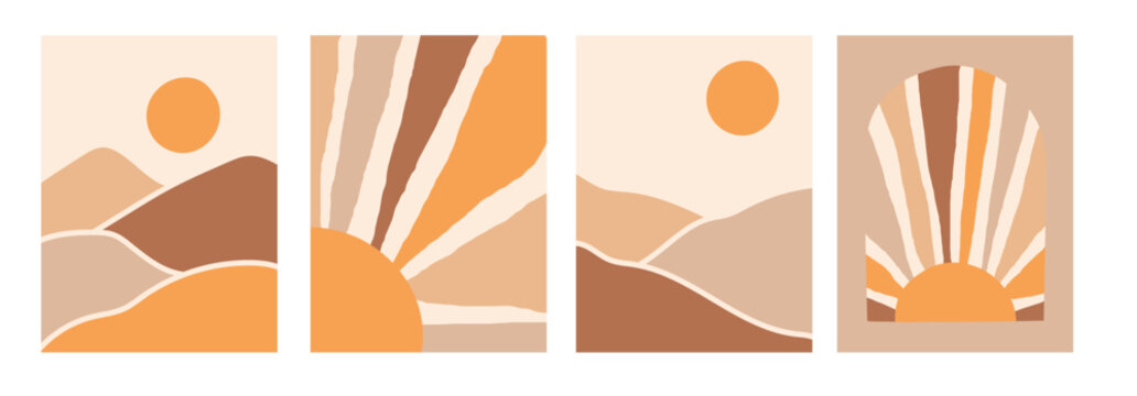 Collection of modern simple minimalist abstract landscapes in boho style: mountains and sun on a colored background