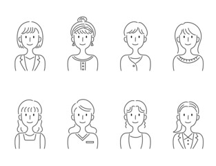 手描き風・笑顔の女性のベクターイラストセット