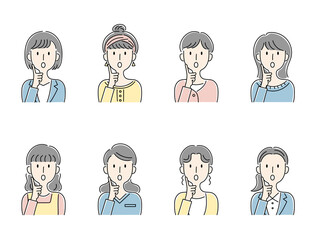 手描き風・驚いた顔の女性のベクターイラストセット