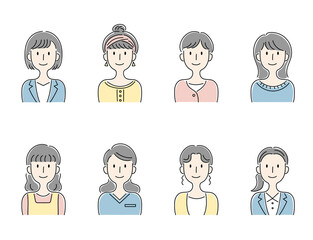 手描き風・笑顔の女性のベクターイラストセット