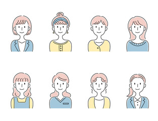 手描き風・笑顔の女性のベクターイラストセット