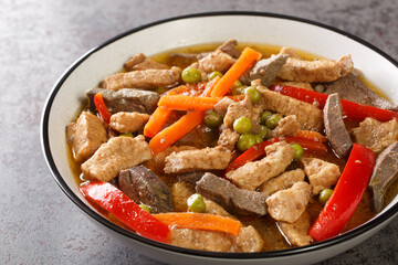 Igado Pork and Liver Ragout Asian Food closeup in the plate on the table. Horizontal