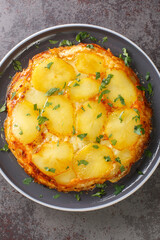 Pan haggerty is a traditional Northumbrian vegetarian side dish containing potatoes, onion and cheese closeup in the plate on the table. Vertical top view from above